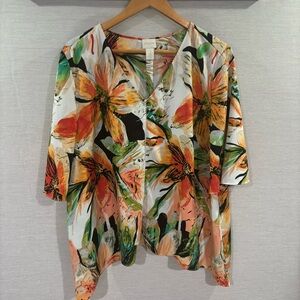 Chicos Printed Floral Blouse – Orange, Green & White – Size 3